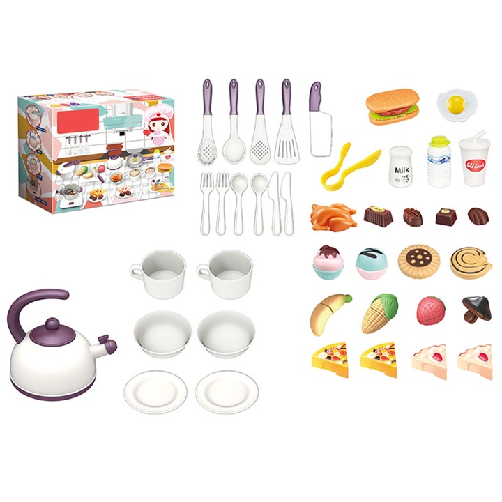 44 darabos gyerek konyhai játékkészlet, longziming, főzőeszközök, gyümölcsök, zöldségek, többszínű