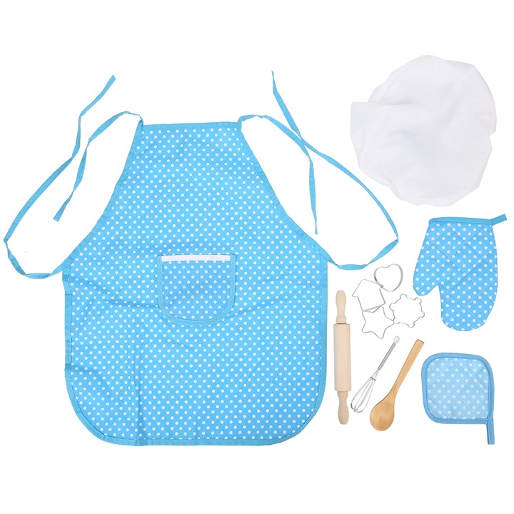 Gyerek konyhai játékkészlet, longziming, szakács jelmez, kék kötény fehér pöttyökkel, 11 darabos
