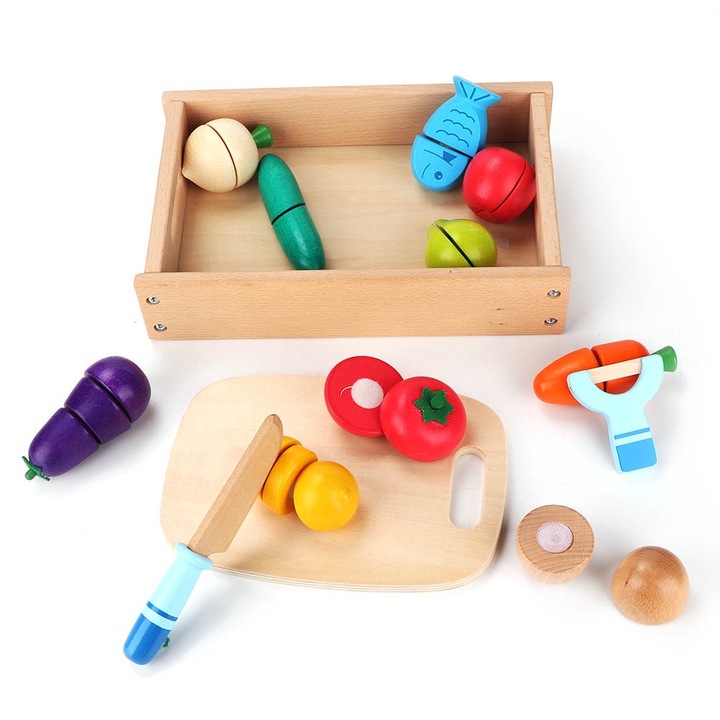 Gyerek konyhai játékkészlet, longziming, gyümölcsök és zöldségek szeletelése, fa kés, nem mérgező
