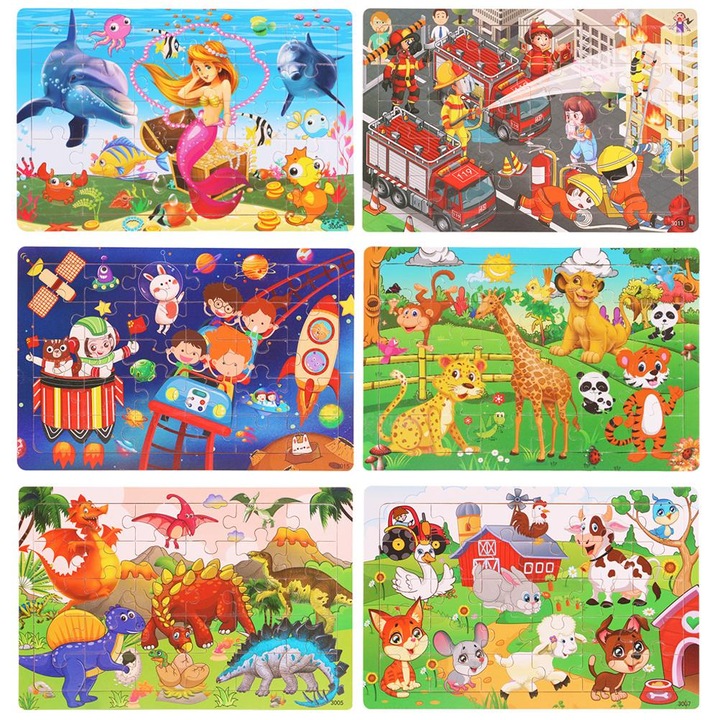 Комплект от 6 дървени пъзела за деца, животни, динозаври, по 30 части всеки, многоцветни