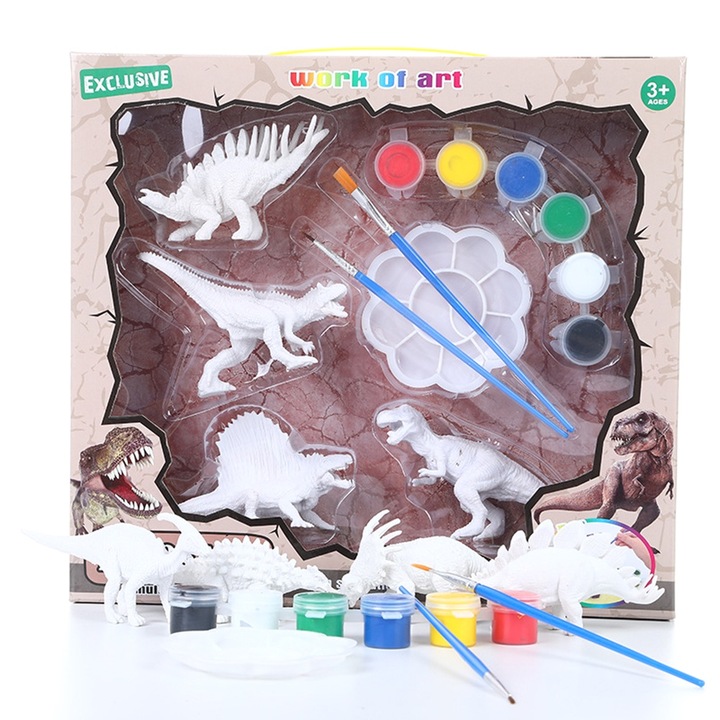 Dinoszaurusz figura készlet, Jormftte, 4 darab, nem mérgező festék, ecset, 4+ éves gyermekeknek