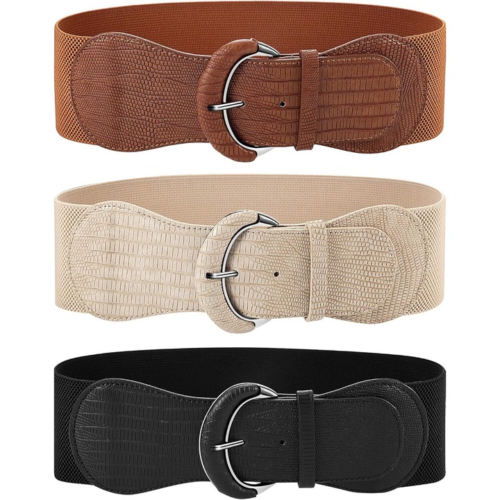 Комплект от 3 дамски ластични колана черни, бежови, Многоцветен, 84