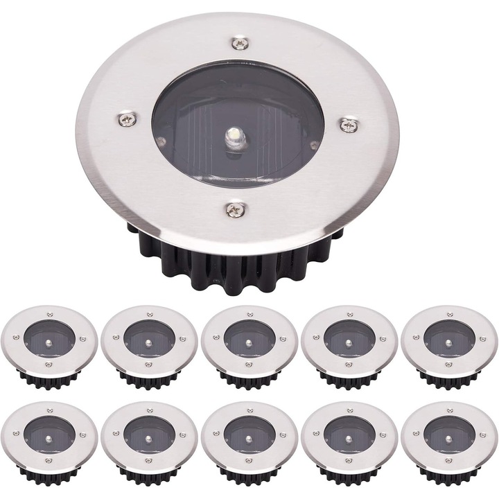 Lampa solara LED, pachet de 10, lumina de exterior, impermeabila IP65, alb rece, rotund