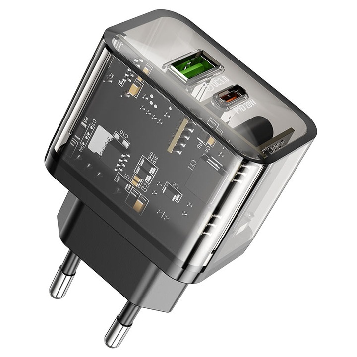 Priza Incarcare, Hoco N34, Port Type-C + USB, Incarcare rapida PD20W si QC 3.0, Negru