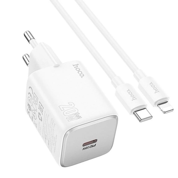 Set incarcator Compatibil iPhone, Hoco N40, Cablu Lightning + Adaptor, Incarcare rapida 20W, Alb