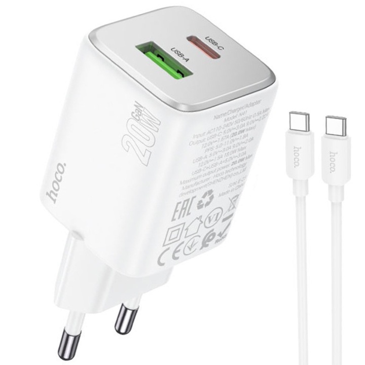 Set incarcator Hoco N41, Cablu type-C + Adaptor 2 Porturi, Incarcare rapida 20W, Compatibil iPhone 15/16 si Android, Alb