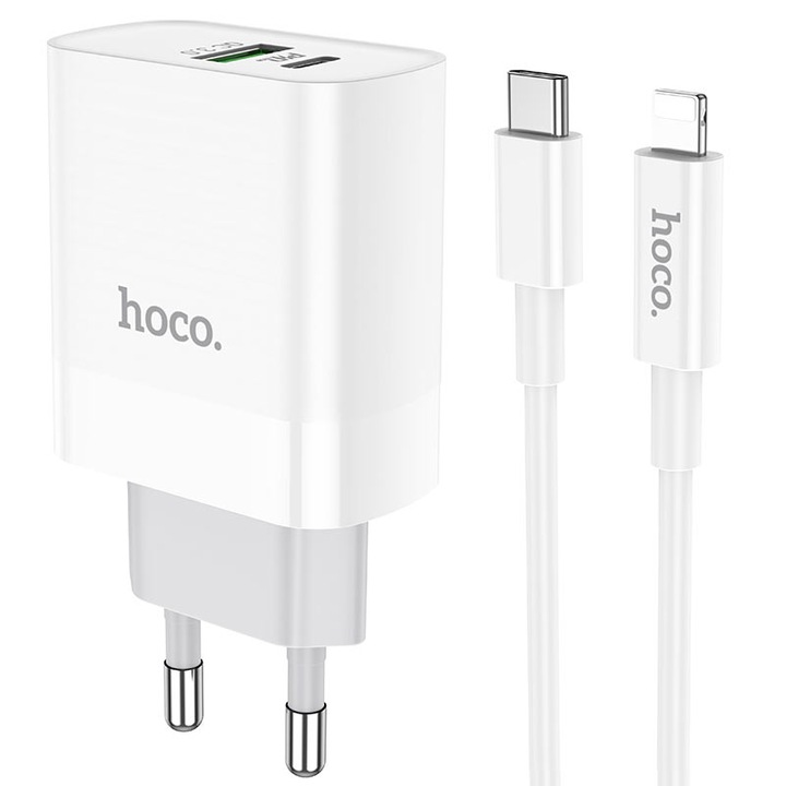 Комплект зарядно, Кабел за осветление + адаптер Hoco C80A, Type-C и USB порт, Бързо зареждане 20W, Бял