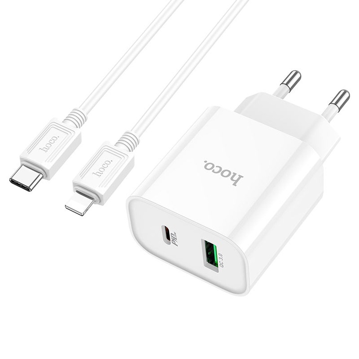 Комплект зарядно, Кабел за Apple + адаптер Hoco C80A Plus, Type-C и USB порт, Бързо зареждане 20W, Бял
