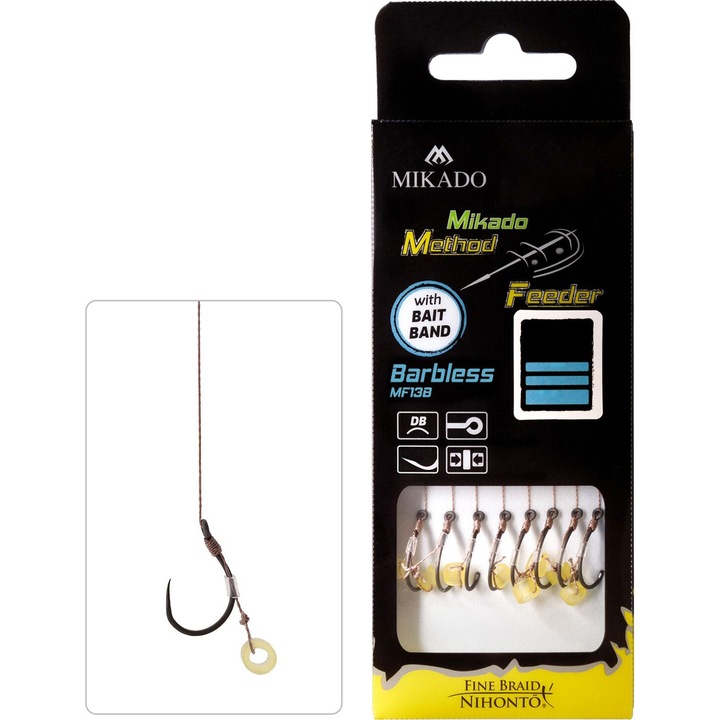 Set 8 carlige de pescuit Mikado, 0.14mm/10cm, cu guma, nr. 8, fara ghimp