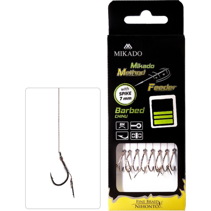 Set 8 carlige ghimpate pentru pescuit, Mikado, nr. 12, 0.12 mm x 10 cm, argintiu