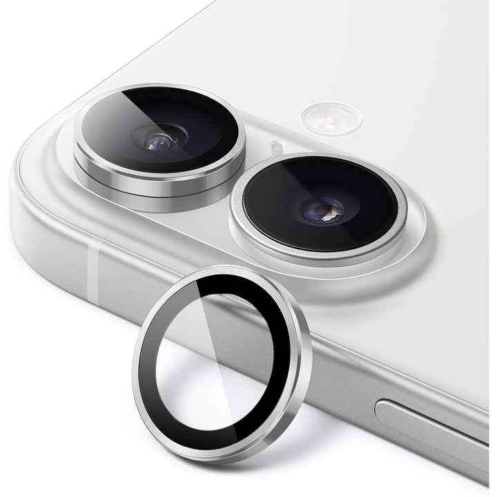 Folie Protectie Camera pentru iPhone 16 / 16 Plus, Sticla Securizata, Aluminiu, 2 bucati, Ultra Slim, Duritate 9H, Anti Zgarieturi, Anti Amprente, Anti Socuri, Argintiu