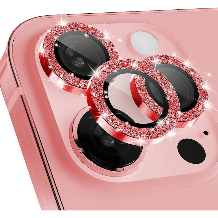 Folie Protectie Camera cu Sclipici pentru iPhone 16 Pro / 16 Pro Max, Sticla Securizata, Aluminiu, 3 bucati, Ultra Slim, Duritate 9H, Anti Zgarieturi, Anti Amprente, Anti Socuri, Rosu