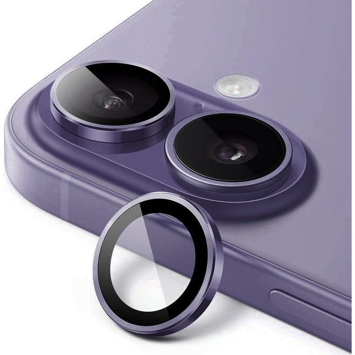 Folie Protectie Camera pentru iPhone 16 / 16 Plus, Sticla Securizata, Aluminiu, 2 bucati, Ultra Slim, Duritate 9H, Anti Zgarieturi, Anti Amprente, Anti Socuri, Mov