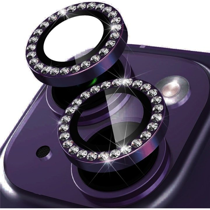 Протектор за камера с кристали за iPhone 16 / 16 Plus, защитно стъкло, алуминий, 2 броя, ултратънко, твърдост 9H, против надраскване, против пръстови отпечатъци, против удар, лилаво