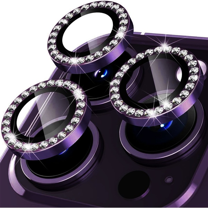 Протектор за камера с кристали за iPhone 16 Pro / 16 Pro Max, закалено стъкло, алуминий, 3 броя, ултратънко, твърдост 9H, против надраскване, против пръстови отпечатъци, против удар, лилаво