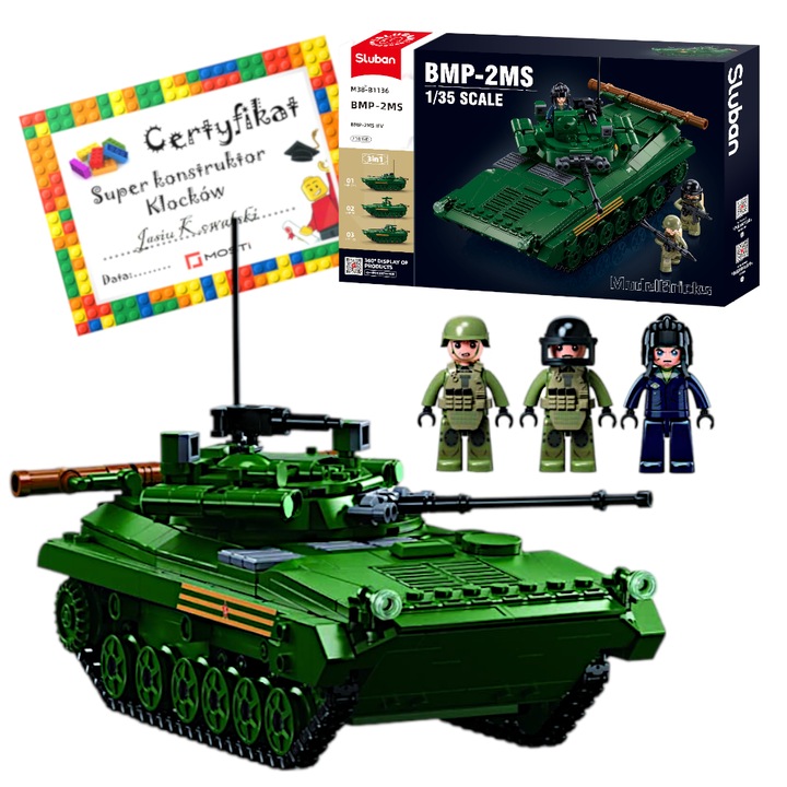 Set de constructie Sluban, tanc BMP-2MS, 738 piese, 3 soldati, 12+ ani