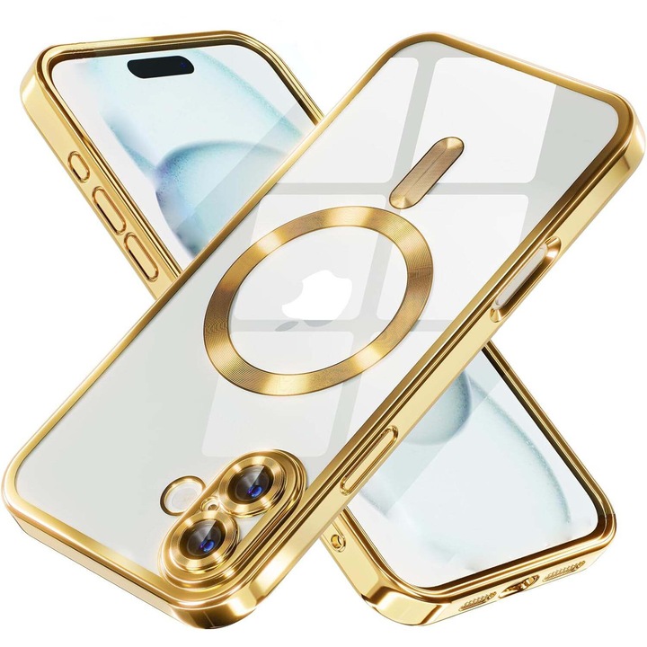 Кейс за iPhone 16 с MagSafe и противоударна защита на стъклата 1.5 мм прозрачен - златен
