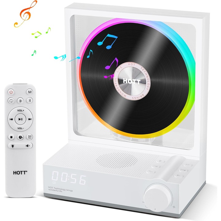 Hordozható CD lejátszó, Bluetooth 5.3 távirányítóval, RGB LED lámpák, HiFi hangszóró, LED kijelző, átírási funkció, kártyanyílás, 4000 mAh akkumulátor, fehér