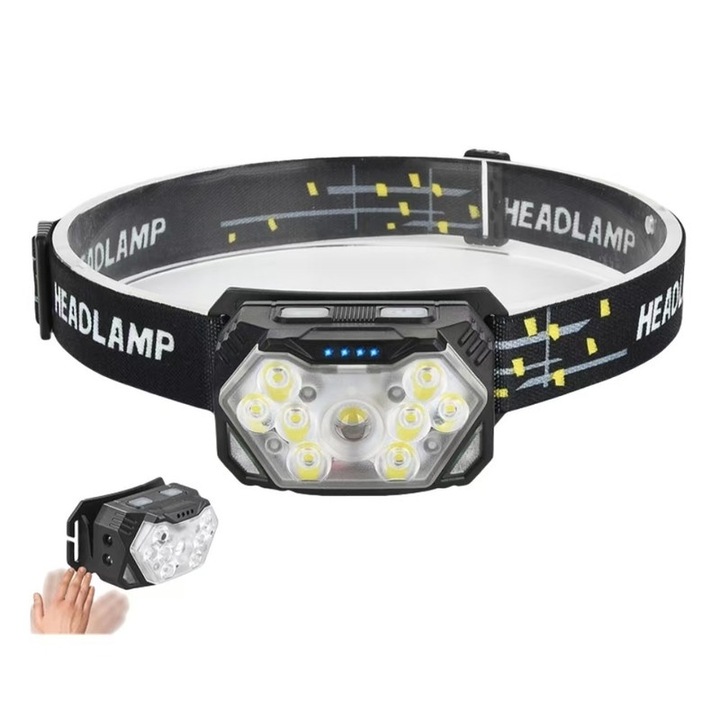 Акумулаторен челник, 9 светодиода, 8 режима на светене, IPX4 водоустойчив, регулируем ъгъл, регулируема лента, USB