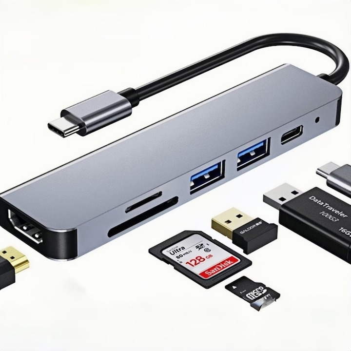 Докинг станция 6 в 1, хъб, адаптер, 1x USB 2, 1x USB 3, 1x USB C, HDMI, SD/TF карта, сребрист