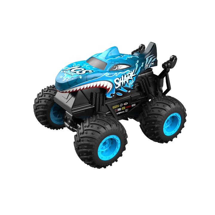 Távirányítós autó újratölthető akkumulátorral, 2,4 GHz-es All Terrain Monster Truck Shark, Offroad jármű zenével, 3 fényeffektus, 360 fokos mutatványokra képes, kék