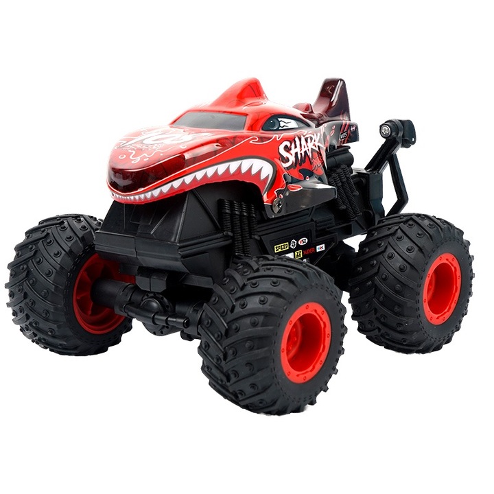 Távirányítós autó újratölthető akkumulátorral 2,4 GHz-es All Terrain Shark Monster Truck Offroad jármű zenével 3 fényeffektus, 360 fokos mutatványokra képes piros