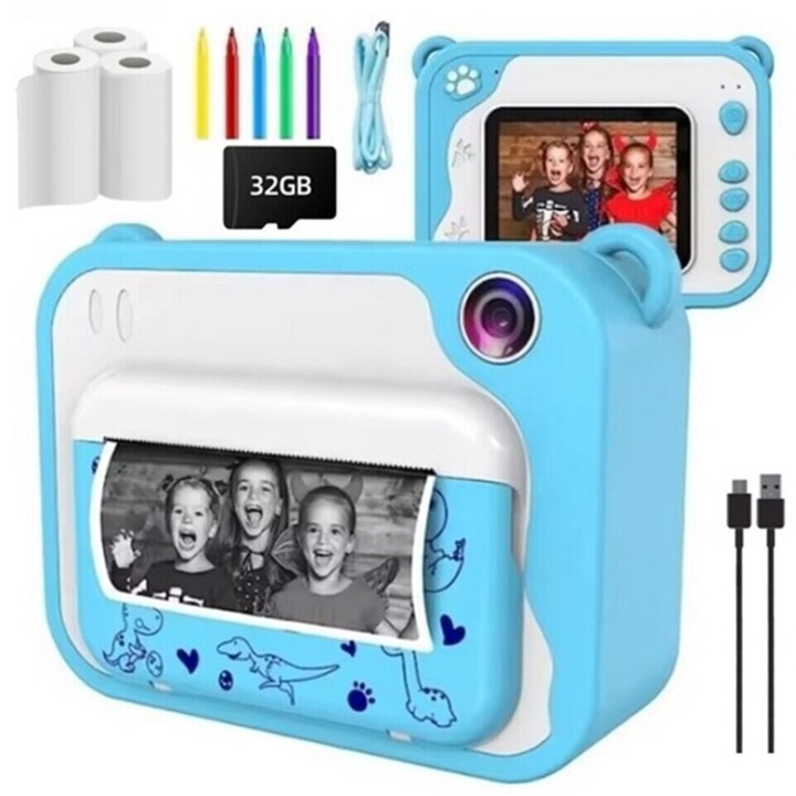 Детска камера Madynik™, с функция за незабавен печат, HD 1080P, 1200 mAh батерия, 2,4 инча екран, 32GB карта с памет, 3 хартиени ролки, 5 цветни карти, включен USB-C кабел, син/бял цвят