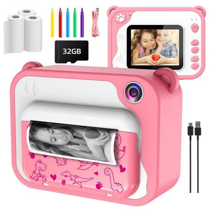 Детска камера Madynik™, с функция за незабавен печат, HD 1080P, 1200 mAh батерия, 2,4 инча екран, 32GB карта с памет, 3 хартиени ролки, 5 цветни карти, включен USB-C кабел, розов/бял цвят