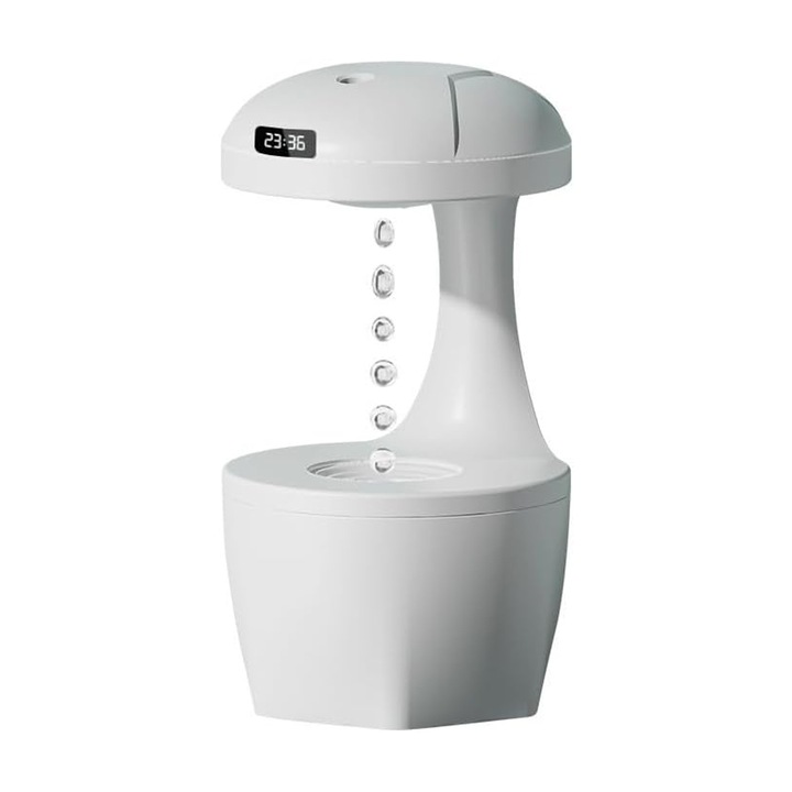Anti-gravitációs légnedvesítő, SINBINTA, Digitális kijelző, 800 ml-es tartály, 30 m²-es lefedettség, LED lámpák, Hordozható, Hangtalan, Alacsony energiafogyasztás, automatikus kikapcsolás, Otthoni és irodai használatra, ABS, 12x12x23,1 cm, Fehér
