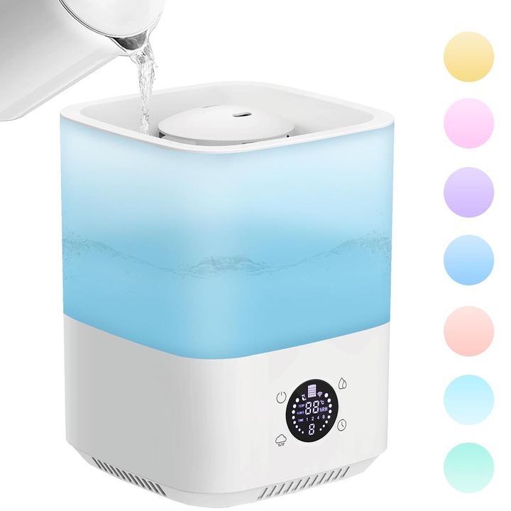 Овлажнител, Цифров дисплей, 4L резервоар, Покритие до 30 m², С филтър, 7 LED цвята, Таймер, Преносим, Безшумен, Ниска консумация на енергия, Автоматично изключване, За дома и офиса, ABS, 18,5x18,5x27, Бяло