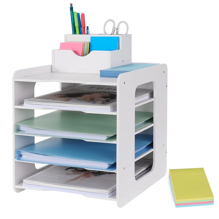 Suport dosare, SINBINTA, 5 straturi, Cu 100 de note lipicioase si fanta pentru suport de stilou, Usor de instalat, Economiseste spatiu pe masa, Pentru casa, Birou, Scoala, Plastic, 34x25x26cm, Alb