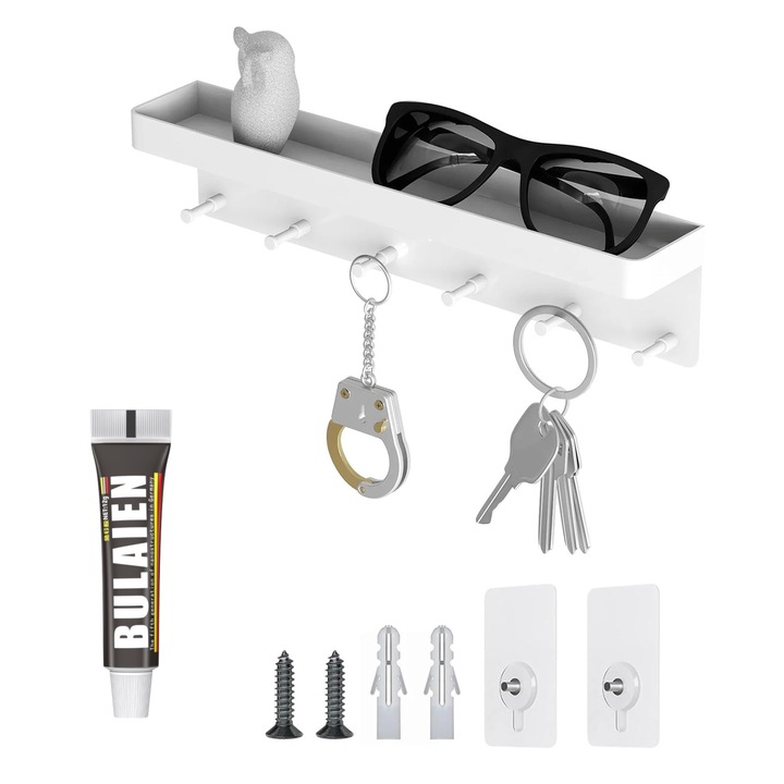 Suport pentru chei, SINBINTA, Cu 6 agatatoare, Usor de instalat, Cu suruburi si lipici, Robust si durabil, Simplu si elegant, Pentru sufrageriei, Bucatariei, Baii, Plastic, 24.5x5.3x7cm, Alb