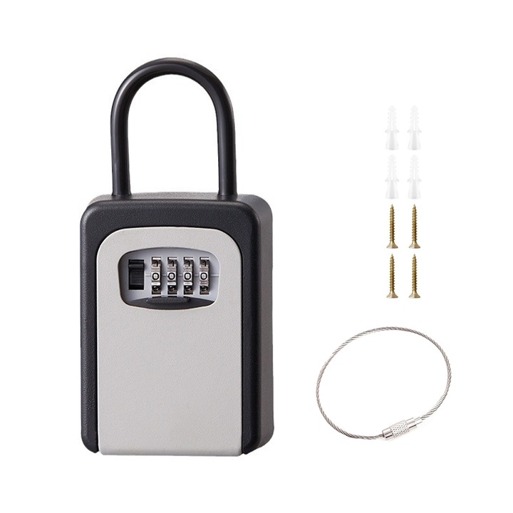 Кутия за съхранение на ключове с код, SINBINTA, С кабел за ключодържател, 4 цифрови кода, Сигурна, Спестява място, Лесна за инсталиране, Издръжлива и здрава, Водоустойчива, За училище, Дом, Офис, Цинкова сплав, 9x4x12 см, Сива