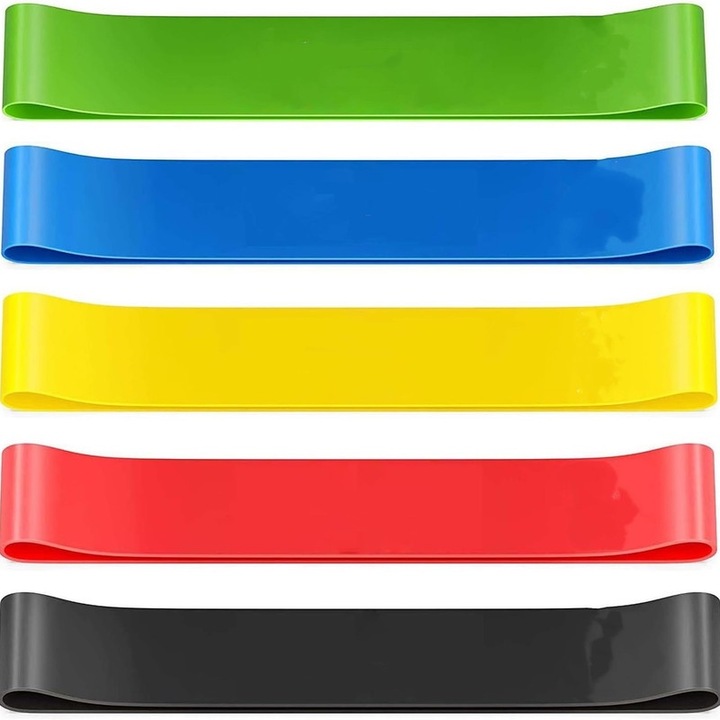 Set de benzi elastice de rezistenta, 5 nivele de dificultate, 600x50mm, pentru antrenamente acasa, yoga, pilates, recuperare