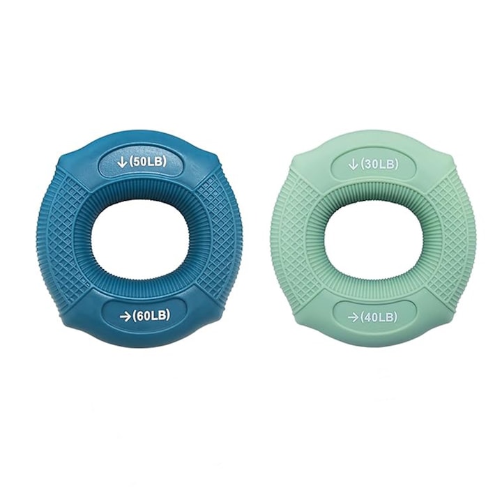 Set 2 Inel flexor palmare, SINBINTA, 30/40/50/60LB, Textura anti-alunecare si forta echilibrata, Pentru antrenament muscular, sport, alpinism si fitness, Silicon, Verde si Albastru