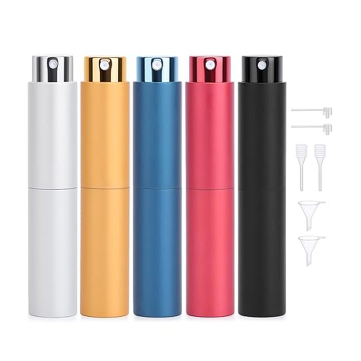 Set 5 sticla reincarcabila parfum, SINBINTA, Cu unelte, Dimensiune compacta, Portabil, Must Haves de calatorie, Potrivit pentru petreceri, intalniri, afaceri, Aluminiu, 10 ml, Multicolor