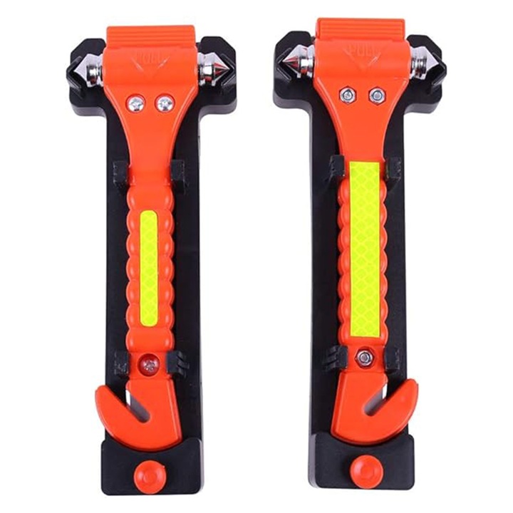 Set 2 Dispozitive de Spart Geamul, SINBINTA, Cu taietor de centuri de siguranta si banda reflectorizanta, Ajutor la evadarea dintr-o masina scufundata, rasturnata, in flacari, Rosu si Negru