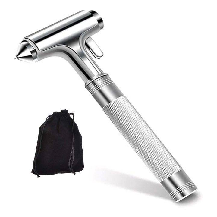 Ciocan de spart geamul, SINBINTA, Cu sac de depozitare, taietor pentru centura de siguranta, Instrument de evacuare de urgenta din aliaj de aluminiu pentru accidente auto, Argintiu