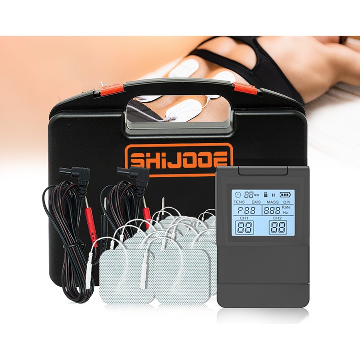 Масажор за електростимулация/физиотерапия，SHIJOOE®，4 в 1 TENS EMS машина，25 режима на масаж，40 нива на интензитет，с 16 електрода，наличен режим Направи си сам，Два индивидуални канала за масаж，Функция за мускулен стимулатор, цифров дисплей，преносим, сив