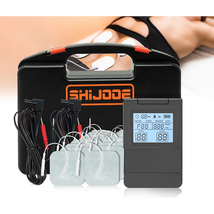 Aparat De Masaj Cu Electrostimulare / Fizioterapie，SHIJOOE®，Aparat 4 in 1 TENS EMS，25 moduri de masaj，40 trepte de intensitate，cu 16 electrozi，Mod DIY disponibil，Doua Canale Individuale De Masaj，Functie Stimulator Muscular, Display Digital，Portabil，Gri