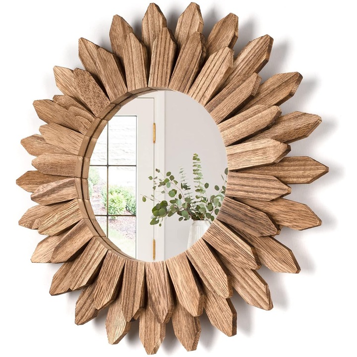 Oglinda rotunda de perete, Hggzeg, In forma de soare, Lemn Masiv cu Doua Straturi, Diametru 30 cm, Usor de Agatat, Pentru acasa Camera de zi Dormitor Canapea, fundal de perete Decoratiuni, Maro