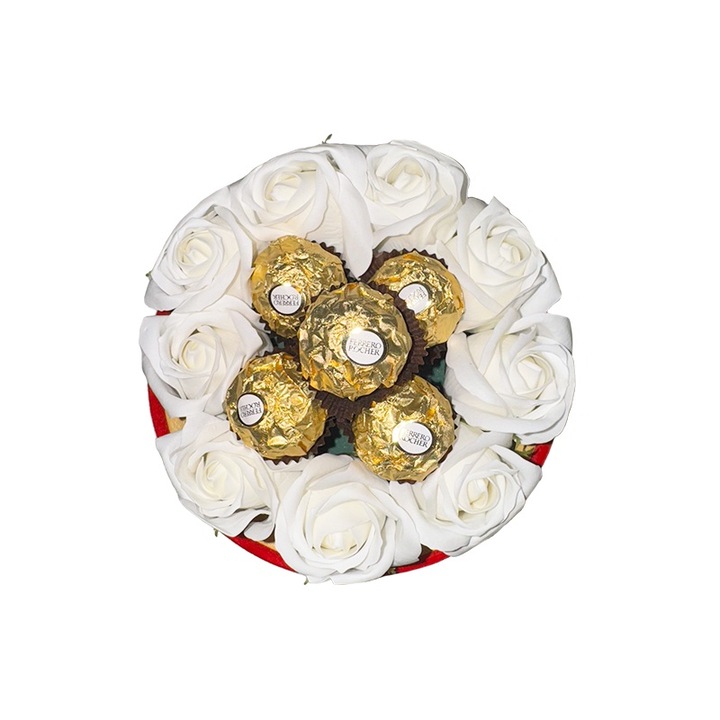 Szappanrózsák kerek elrendezése Ferrero Rocher cukorkákkal, fehér, 9 rózsa, Yupy