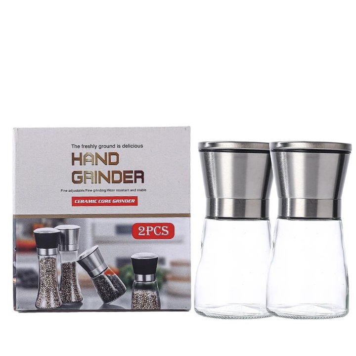 Rasnita si dozator condimente, set 2 buc, sticla transparenta, ceramica, 180ml