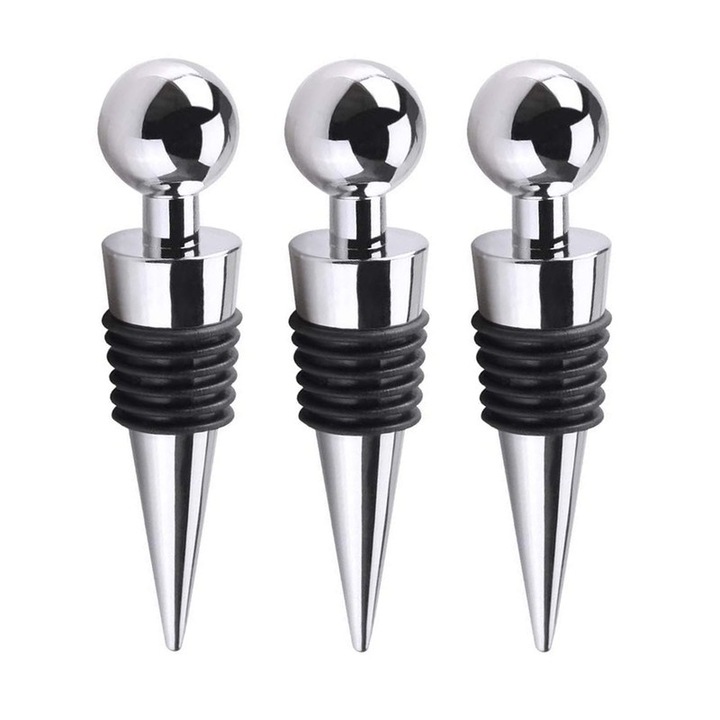 Set 3 dopuri sticle de vin, metalice, 9x2.1cm, argintii, reutilizabile