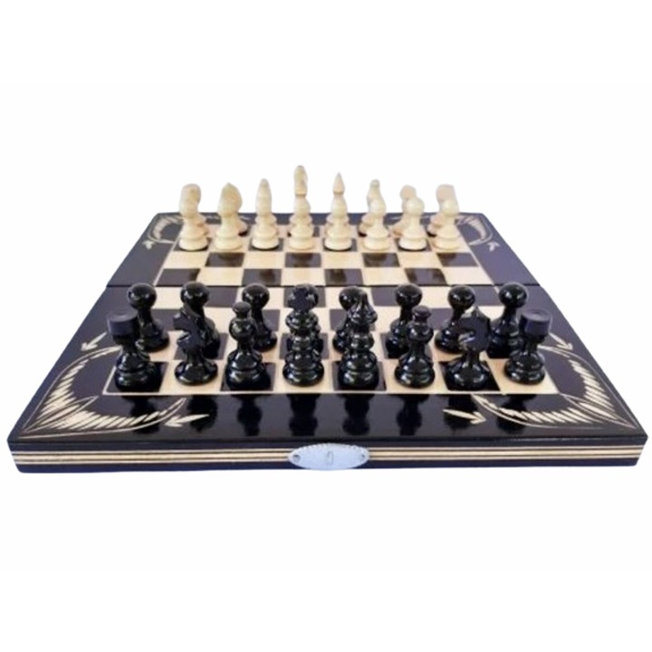 Комплект шах и табла, Дървен, Дърворезбована кутия, Черен, 32х32 см