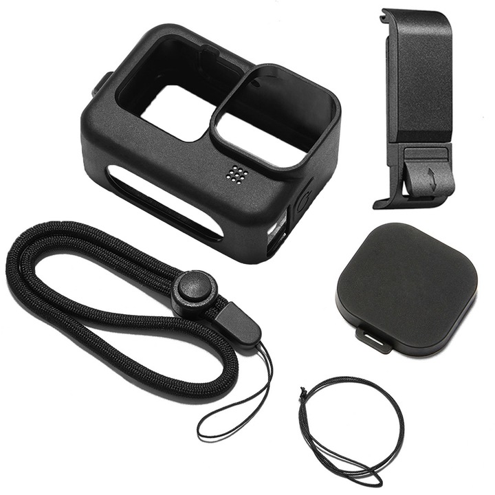 Set husa protectie pentru camere video sport, Hggzeg, Capac de protectie lentila, Rezistent la cadere, la socuri si usor de instalat, Compatbil Cu GoPro Hero 12, 11, 10, 9, Silicon, 8x5x3 cm, Negru