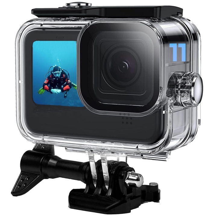 Carcasa de protectie Waterproof cu Quick Release si surub, Hggzeg, Carcasa Protectie Waterproof 60m, Compatbil Cu GoPro Hero 13, 12, 11, 10, 9, Instalare/eliminare rapida, Policarbonat, Transparent/Negru