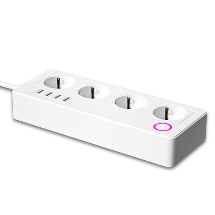 Смарт удължител, MOSMAOO®, Wi-Fi, 4 гнезда, 4xUSB, 16A, Превключвател, Защита от пренапрежение, HighPower, Функция за пренапрежение, 1,8 м, Съвместим с Alexa и Google Assistant, Android/iOS