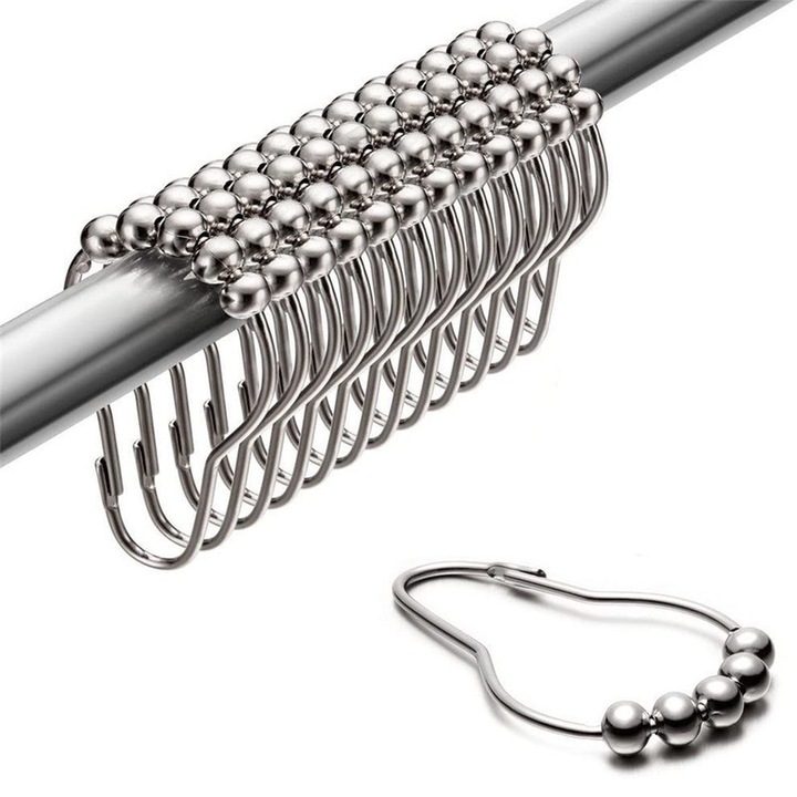 Set 12 inele pentru perdea de dus, Metal, Argintiu, 77x37mm