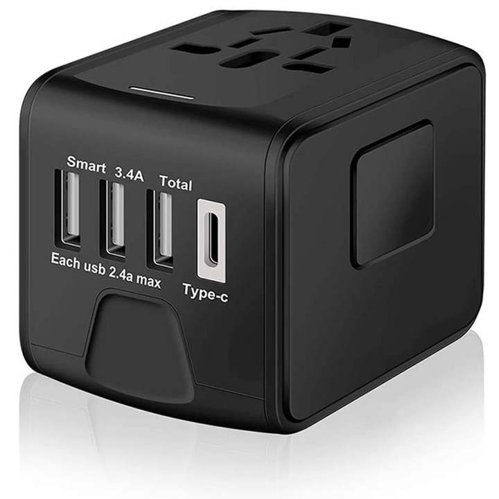 Adaptor de calatorie universal, 3 USB, 1 Type C, negru, 100-240V, 5.6A